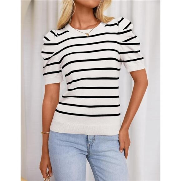 Women's Trendy Summer Tops Lightweight Striped Puff Short Sleeve Crew Neck - Picture 3 of 6